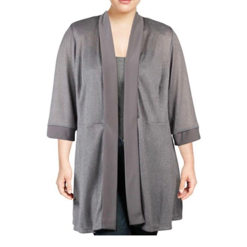 R&M Richards Open Cardigan Size 14W Gray Metallic 3/4 Sleeve NEW